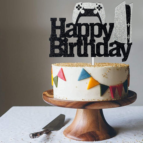Game Controllers Happy Birthday Cake Topper - Glitter Gaming Cake Decoration for Boys Video Game Party