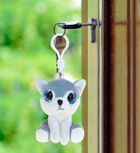 Puzzled DolliBu Wolf Plush Big Eyes Keychain, Soft Wild Mountain Animal Charm
