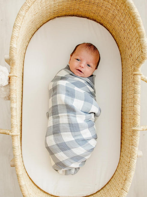 0-3 Mebie Baby Dusty Blue Gingham Muslin Swaddle, Modern and Neutral Swaddle Blanket for Baby Girl or Boy, Soft Baby