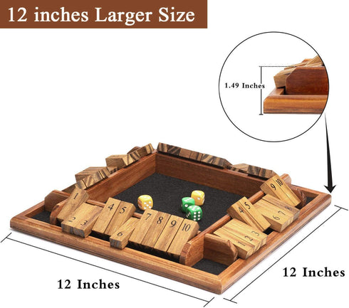 AMEROUS Shut The Box Dice Game - 1-4 Players, Wooden Board Math Game with 12 Dice, Family Classroom or Pub