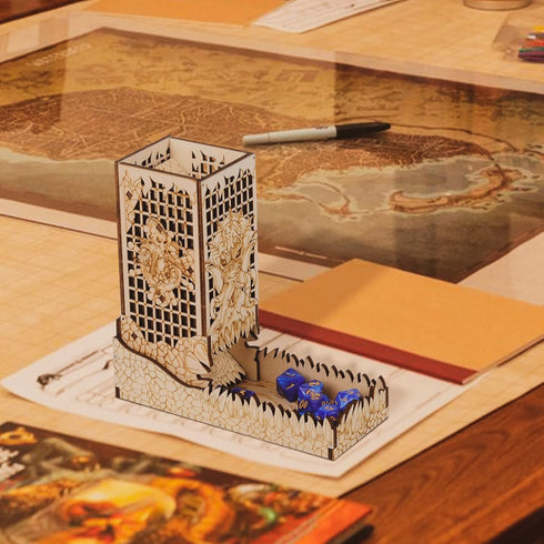 CZYY Dice Tower with Tray, Wood Laser Etched Mind Flayer Portable Collapsible Dice Roller for Board Games