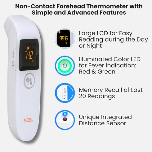 MOBI Air Non-Contact Forehead Thermometer w/Integrated Distance Sensor, Smart Medication Reminder & Memory Recall, Fever Thermometer, Forehead Thermometer, Digital Baby Thermometer, Body Temperature