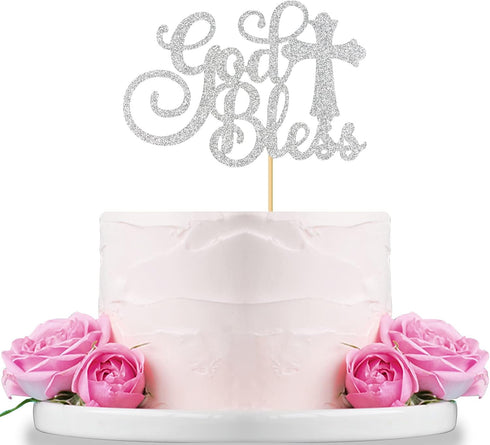 WeBenison God Bless Cake Topper Silver Glitter First Communion Baby Shower Decorations Bless This Child Party