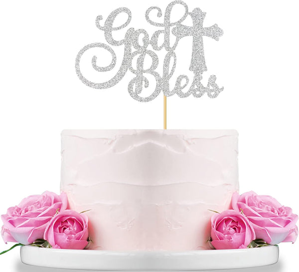 WeBenison God Bless Cake Topper Silver Glitter First Communion Baby Shower Decorations Bless This Child Party