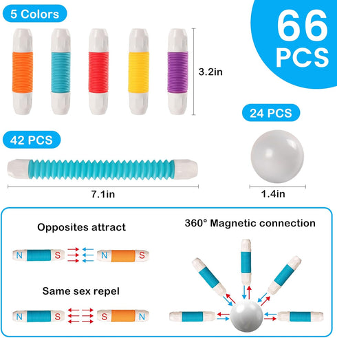 ROUSKY Set, 66 (66PCS) Magnetic Building Blocks Construction Pieces, Educational STEM Toy with Flexible Tubes