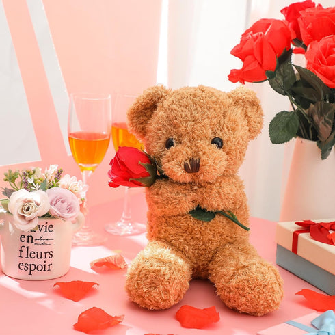 Christmas Plush Stuffed Animal Bear with Rose Funny Cute Stuffed Animal Plush Gifts for Kids Toddler Girlfriend Birthday Xmas Mother's Day Valentine's Day, 11.8 Inches