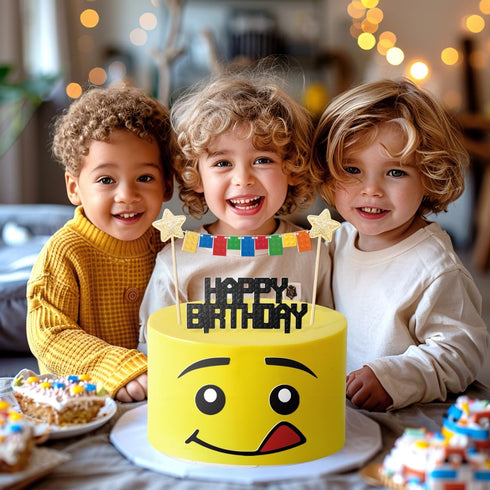 Building Blocks Cake Topper, 3D Print Character Face Design Star Flag Banners Bunting Banner Party Supplies for Boys