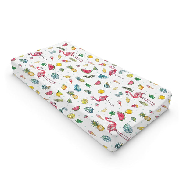 Watercolor Summer Flamingo Changing Pad Covers, Tropical Leaves, Lemon Pineapple Watermelon, Soft Stretchy Diaper