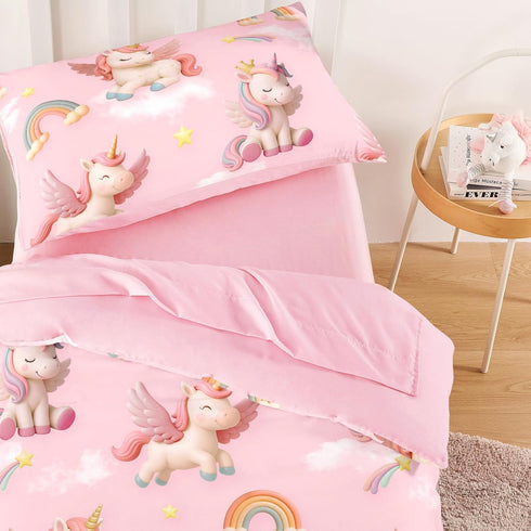 Set 3D 4 Set Wake In Cloud - Toddler Bedding for Girls, Unicorns Rainbow Clouds, Pieces Soft Crib Bed Including
