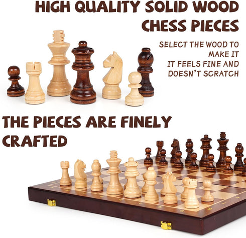 Set 15-Inch Set 2 Wooden Magnetic Chess Foldable Wooden Chess Board with Magnetic Pieces, Portable Travel Chess
