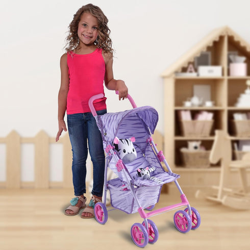 Baby Doll Stroller for Toddlers 1-3, Pink & Purple Folding Baby Toy Stroller for Dolls, Pillow Animal Toy