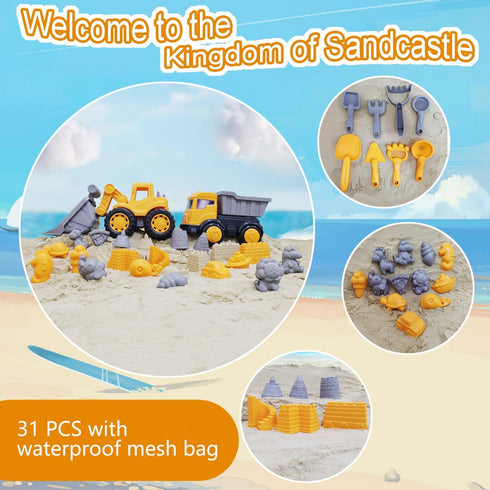 (31 IOKUKI Long Shovel Sand Beach Toys with Big Excavator Toy, Dump Truck Toy, Construction Toys, Sand Castle Toys