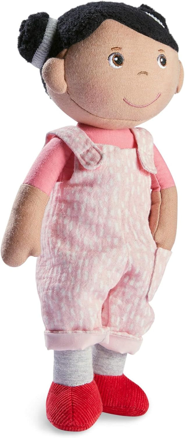 HABA Snug Up Doll Rumbi, 10" Soft Doll with Black Hair and Pink Overalls, Machine Washable for 18 Months and Up