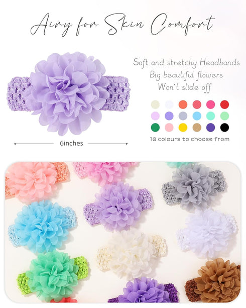 jollybows 18pcs Baby Girls Headband Chiffon Flower Soft Stretchy Hair Accessories for Newborns, Infants, Toddlers