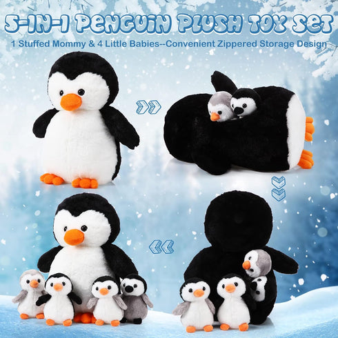5 Set 14 Inch Mommy 4 Pcs Stuffed Animal Penguin Plush Toy Penguin Stuffed Animal with Cute Babies in Zippered Belly