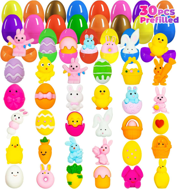 UUSYCUN 30PCS Prefilled Easter Eggs with Mochi Squishy Toys, Easter Squishies Stuffed Plastic