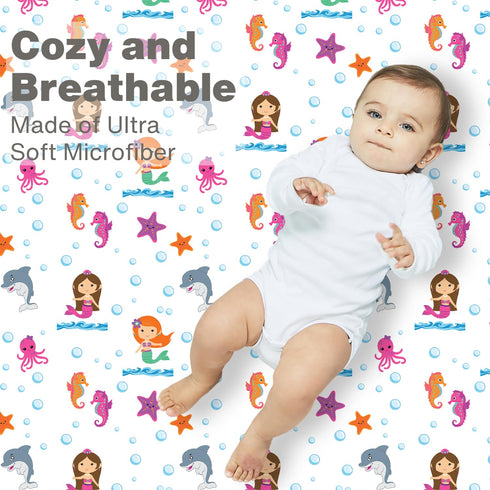 Baby Girl Fitted Crib Sheet, Mermaid Adventures, 100% Soft Breathable Microfiber, Fits Standard Size Crib Mattress