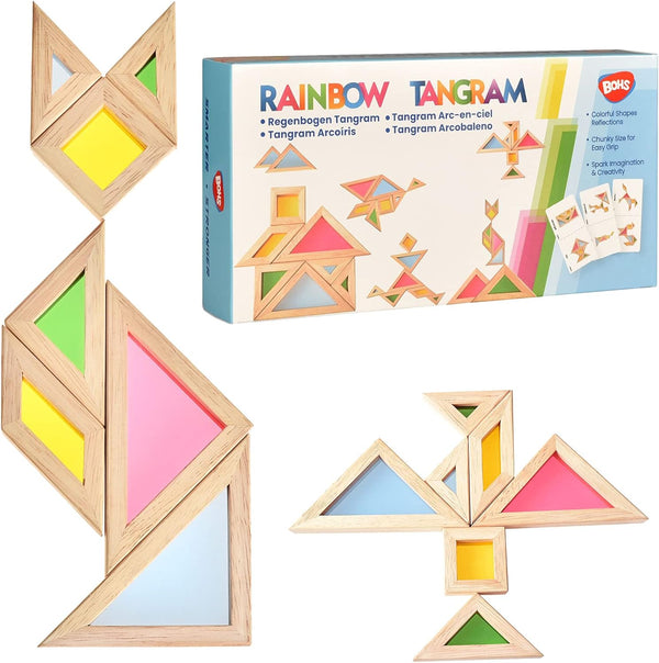 BOHS Translucent Tangram with Multilingual Activity Cards - 1 Inch Thickness, Preschool Gift, Window Puzzle Toys