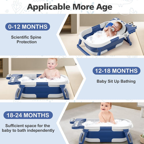 0-36 Collapsible Baby Bathtub for Newborn, Foldable Baby Bath Tub with Thermometer & Soft Floating Cushion & Drain