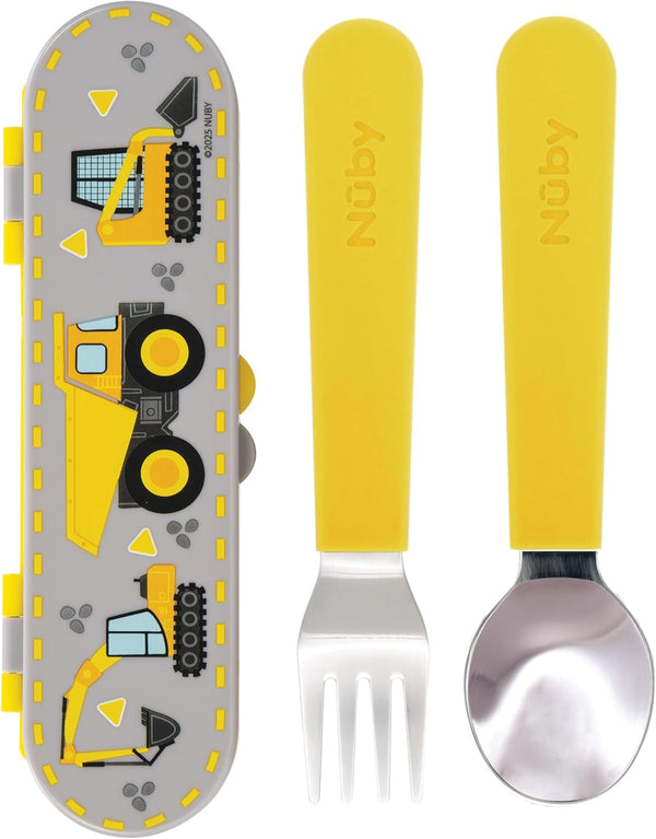 Nuby Stainless Steel Toddler Utensils with Travel Case - Self-Feeding Fork &