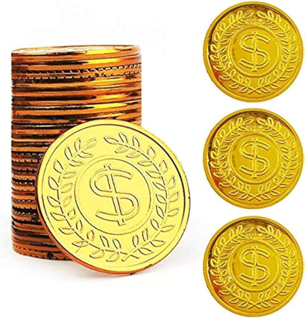 TCOTBE Pirate Gold Coins Plastic Set of 100 - Play Gold Treasure Coins for Pirate Party, Treasure Hunt Game