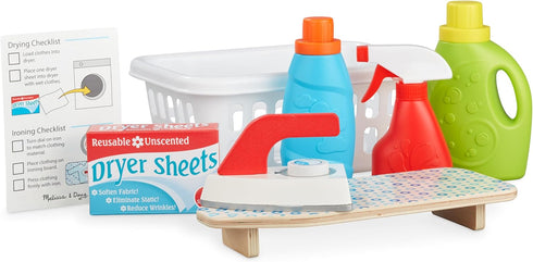Melissa & Doug 14 Pcs Laundry Basket Pretend Play Set with Wooden Iron and Ironing Board