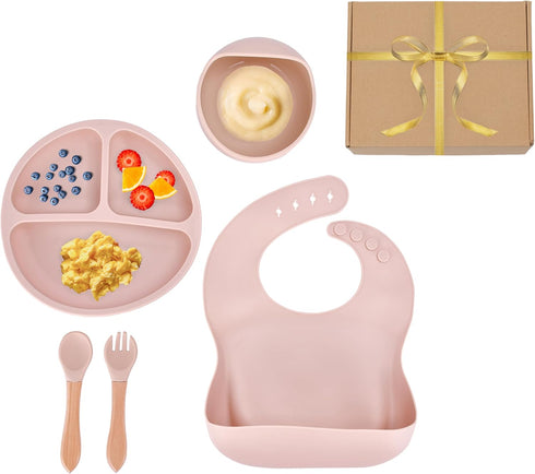 Silicone Baby Feeding Set - Toddler Led Weaning Supplies - Kids Plate, Bowl, Spoon and Fork Set (Cream)