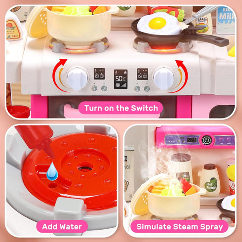Playset, Set Set CUTE STONE Kids Kitchen Play Kitchen with Sound & Light, Cooking Stove with Steam, Toy Sink,Play Food