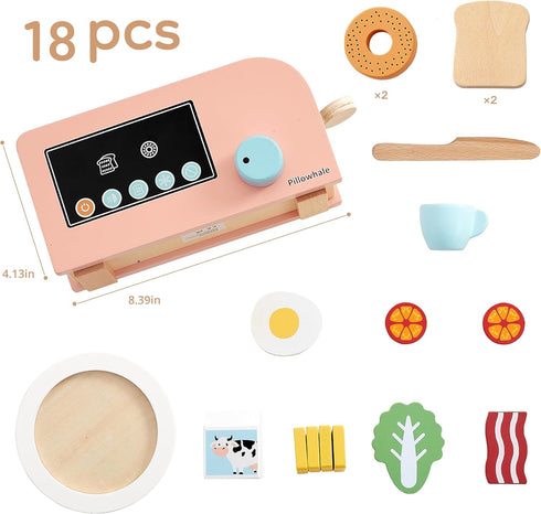 18-Piece Playset, 3+ Pillowhale Bagel & Toast Pop-Up Toaster Wooden Breakfast Montessori Kitchen Toy Includes Bagels