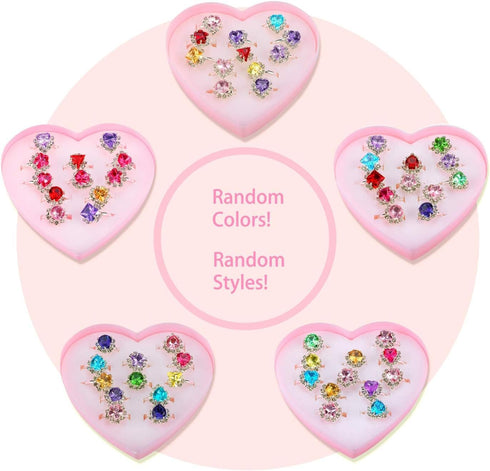 12 pcs Girls Crystal Adjustable Rings, Princess Jewelry with Heart Shape Box for Dress Up