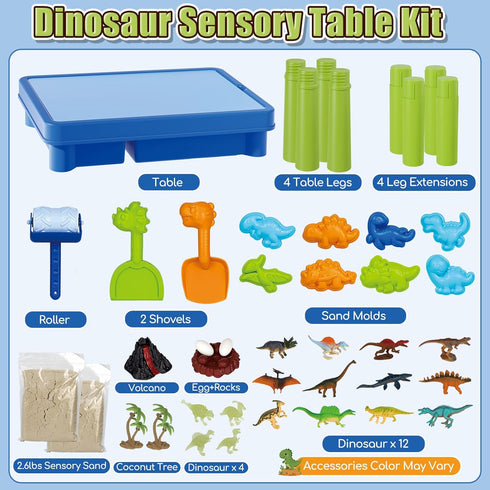 16 Lehoo Castle Dinosaur Sensory Table with Sand, Sand Table with Lid & Dinosaurs, Adjustable Legs, Indoor Outdoor