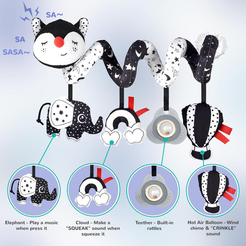 XIXILAND Black and White Musical Car Seat Toys - High Contrast Infant Stroller Toys for Newborns 0-6 Months