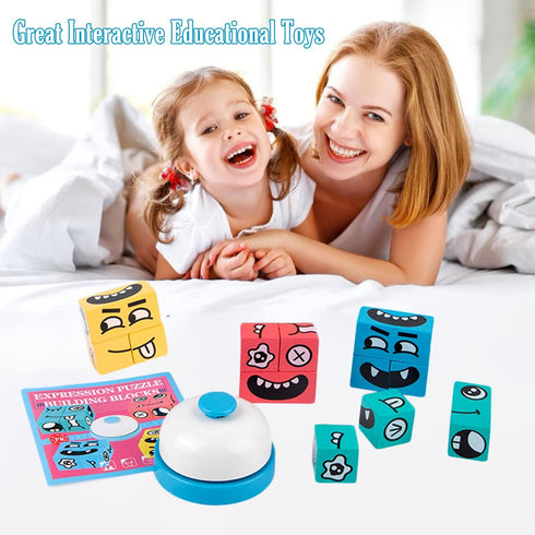 Wooden Face Changing Magic Cube Building Blocks Game Matching Expression Puzzle Toy Board Games for Family Night, Match