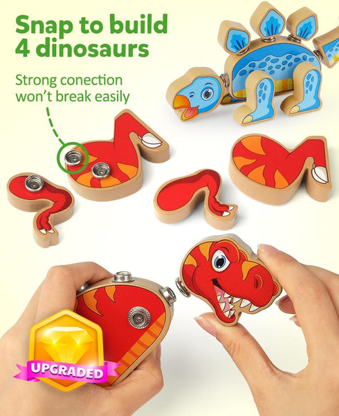 Playset, 3 4 5 Coogam Dinosaur Snap Together Building Toys, Wooden Take Apart Dinosaur STEM Montessori Educational Fine