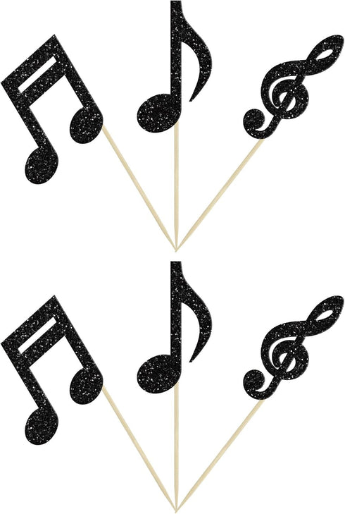 24Pcs Gyufise Music Notes Cupcake Toppers Black Glitter Musical Symbol Cupcake Picks for Rock Music Concert Theme Baby