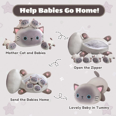5 1, 4 Tummy, SQEQE Siamese Cat Stuffed Animals in Cute Siamese Cat Plush with Babies in Christmas Birthday Gifts