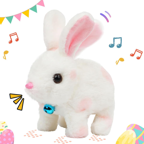 Easfan Walking Bunny Stuffed Animal, Interactive Jumping Spotted Rabbit Educational Plush Toy for Kids, 7''