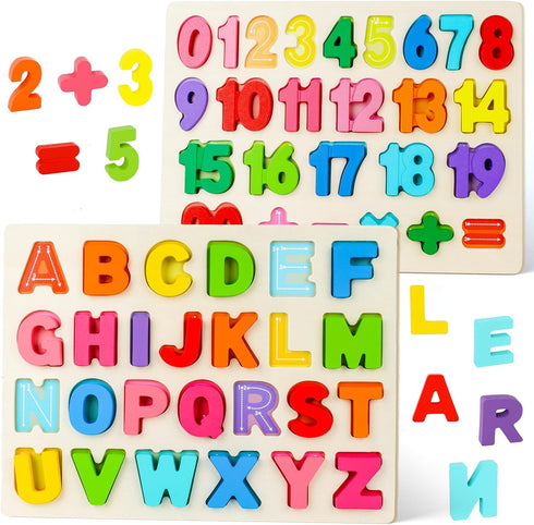 AMOR PRESENT 2PCS Educational Wooden Puzzles for Kids, Alphabet Number Shape Montessori Toys for Boys Girls