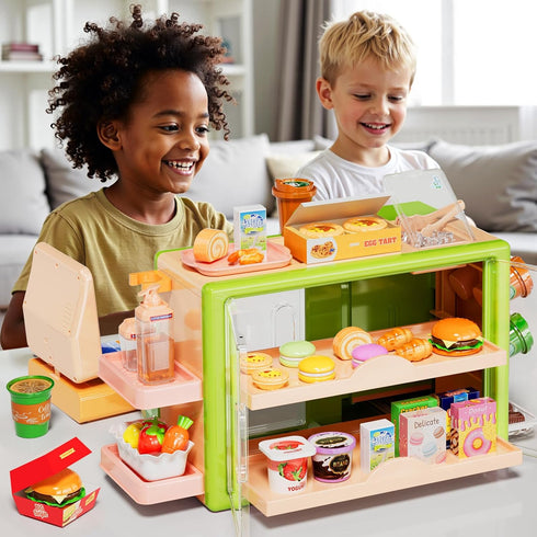 Pupu Pig Playset, 3+ Kids Grocery Store Fun Play Store with Realistic Cash Register Toy, Scanner, Play Food, Coffee