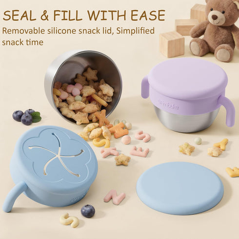 Fimibuke 12 OZ 2 Pack Snack Containers for Toddlers Kids, Spill Proof Stainless Steel Baby Snack Cups with Removable