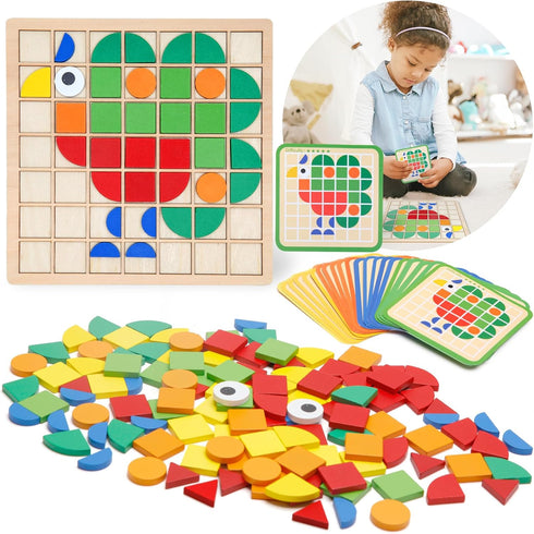 Montessori Tangram Educational, Geometric Shapes Puzzle Toys with 120Pcs Wooden Puzzle Blocks