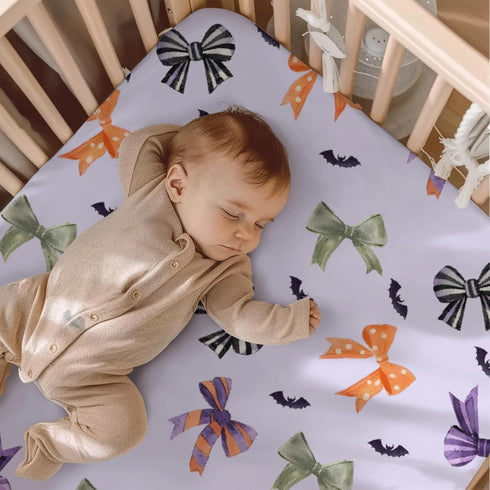 KuphiL10C Mattress-28x52 Halloween Bows Bats Pattern Baby Sheets for Crib, Unisex Fall Winter Holiday Nursery Fitted