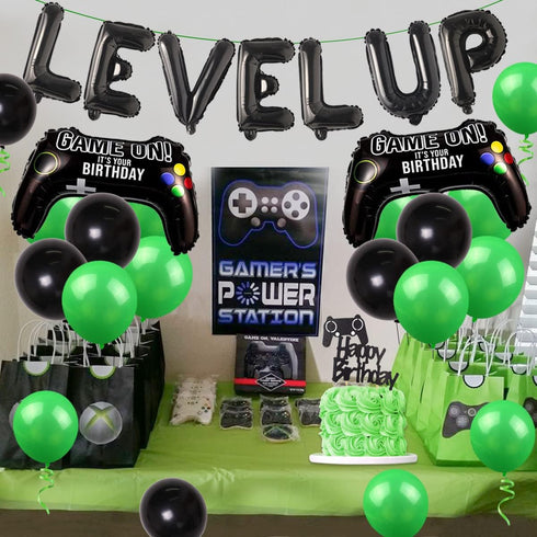 8th Birthday Decorations for Boys, Level Up Video Game Party Supplies, Green Black Balloons, Game Controller Banner