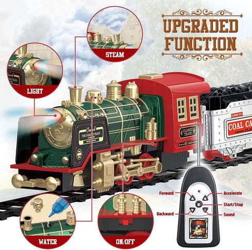 Mini Tudou Christmas Electric Train Set w/Steam, Sound & Light, Remote Control Train Toys with Steam Locomotive Engine,