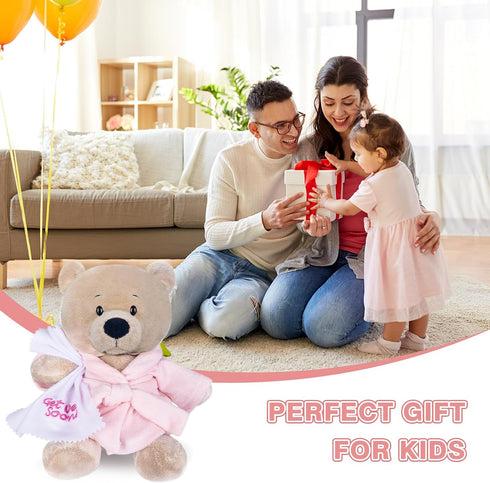 My OLi 9" Teddy Bear Plush Toy Dressed in Bathrobe with Soothing Towel “Get Well Soon” Gift for Kids, Pink