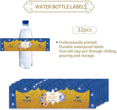 32pcs Blue Oh Baby Water Bottle Labels, Gold Glitter Gender Reveal/1st Birthday Stickers, Little Prince Bottle Wrappers, Welcome Baby Boy Bottle Wrappers for Baby Shower by ROSTYAKZ