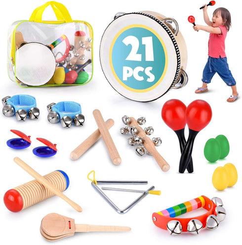 Set 21 Toddler Educational & Musical Percussion for Kids & Children Instruments Pcs with Tambourine, Maracas, Castanets