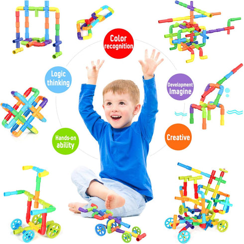 WishaLife 250 Pieces STEM Building Blocks Set - Kids Tube Locks Construction Set with Storage Box for Preschool Learning