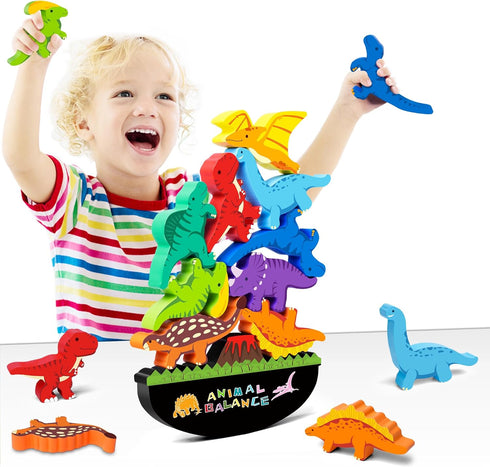 FFTROC Montessori Dinosaur Toys for 2-4 Year Old Boys - Wooden Stacking Dinosaur Toys for Kids