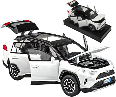 Model Car 1/32 RAV4 Alloy Diecast with Light and Sound, Collectible Toy Vehicle for Boys Kids Gift (White)